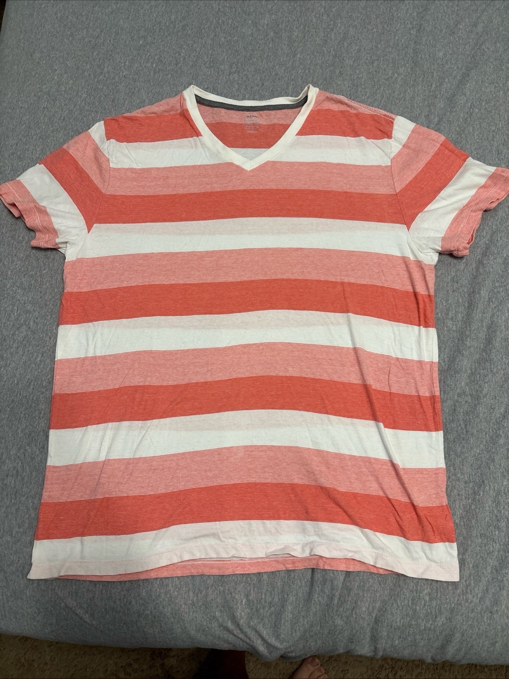 Old Navy Coral and White Striped V-Neck Tee